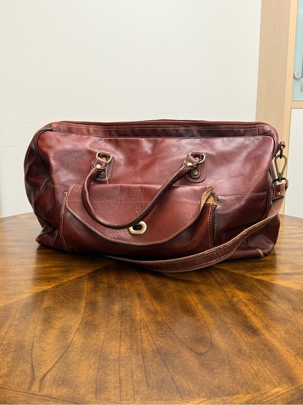 Large 24” Italian Genuine Leather Duffle Weekender Bag Burgundy Handmade Italy